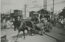 青梅街道を行く荷馬車と西武鉄道軌道線の電車（大正12年）