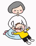 母親が子どもに歯みがきをしている絵