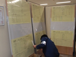 写真:被害状況ボードに書き込む職員
