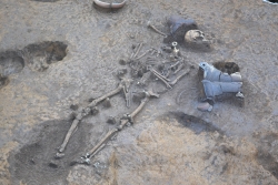 写真：発掘された約4,000年前の人骨と縄文土器