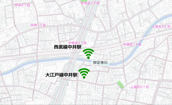 中井駅の利用可能エリア。改札口周辺で利用できます。