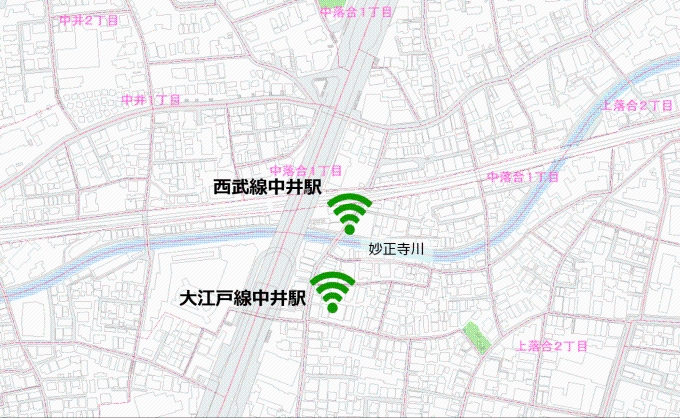 中井駅の利用可能エリア。改札口周辺で利用できます。