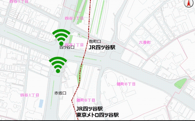 四ツ谷駅の利用可能エリア。改札口周辺で利用できます。