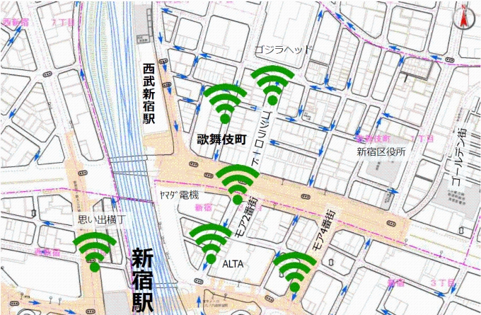 新宿駅北側の利用可能エリア。歌舞伎町、思い出横丁など。