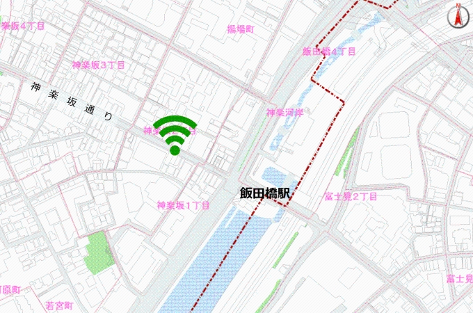 神楽坂下の利用可能エリア。神楽坂通り（飯田橋駅付近）で利用できます。