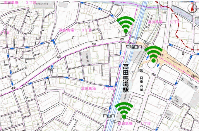 高田馬場周辺の利用可能エリア。改札口周辺で利用できます。
