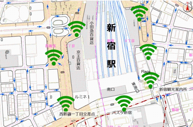 新宿駅南の利用可能エリア。東南口広場前、京王百貨店前など。
