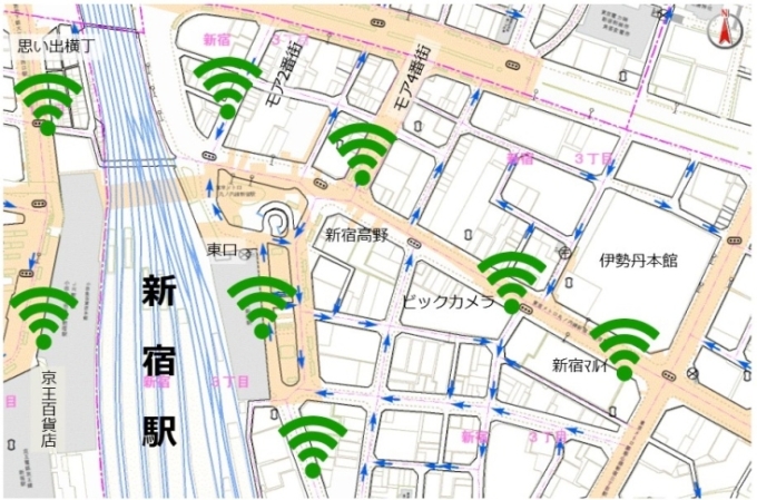 新宿駅東側の利用可能エリア。伊勢丹本館前、東南口広場前など。