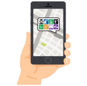 バリアフリーマップのイメージイラストです。左手に持ったスマートフォンに、地図画面とピクトグラムが映し出されています。