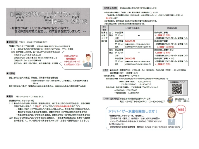 耐震性が特に十分でない塀の安全化に向けて、部分除去を対象に追加し、助成金額を拡充しました。画像