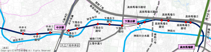 踏切の位置を示した地図