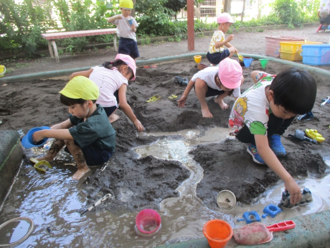 園庭で砂場遊び大好き画像