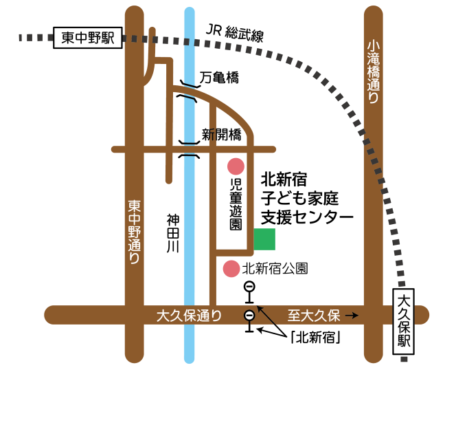 北新宿家庭支援センター周辺の案内地図。東中野駅、大久保駅、主要道路、周辺の公共施設等の位置関係を示している。