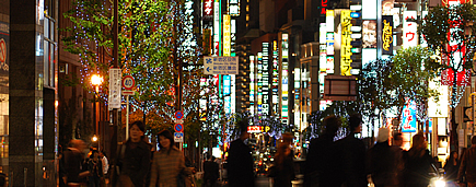 写真:イルミネーションを区役所前交差点から見る