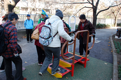 写真：踏み台昇降に似た遊具を使う参加者