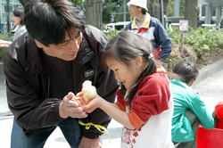  写真：ひよこを抱っこする女の子とお父さん（ふれあい動物園） 