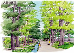 イラスト:水が流れる緑豊かな散歩道