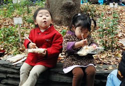 写真:非常食のごはんを食べる子どもたち