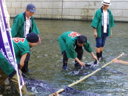 写真：水元体験にチャレンジする吉住区長