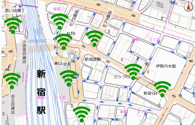 新宿駅東側の利用可能エリア。伊勢丹本館前、東南口広場前など。
