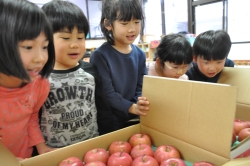 写真：リンゴを受け取った北新宿子ども園の子どもたち
