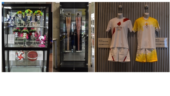 東京2020オリンピック・パラリンピック競技大会で選手に贈ったビクトリーブーケ(花束)や聖火リレートーチ等関連グッズを展示しています。画像1