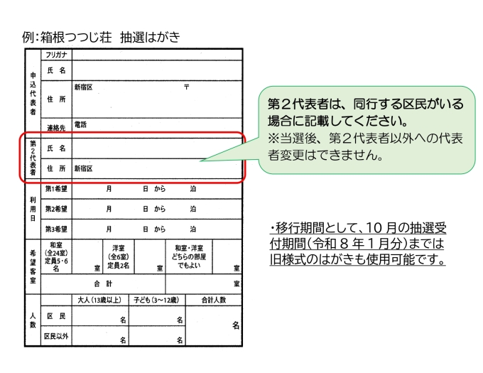 令和7年4月1日から、箱根つつじ荘とグリーンヒル八ヶ岳の抽選ハガキの様式が変わります。画像